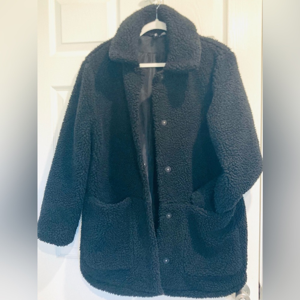 H&M Teddy Coat Jacket Fuzzy Warm Patch Pockets Women Medium